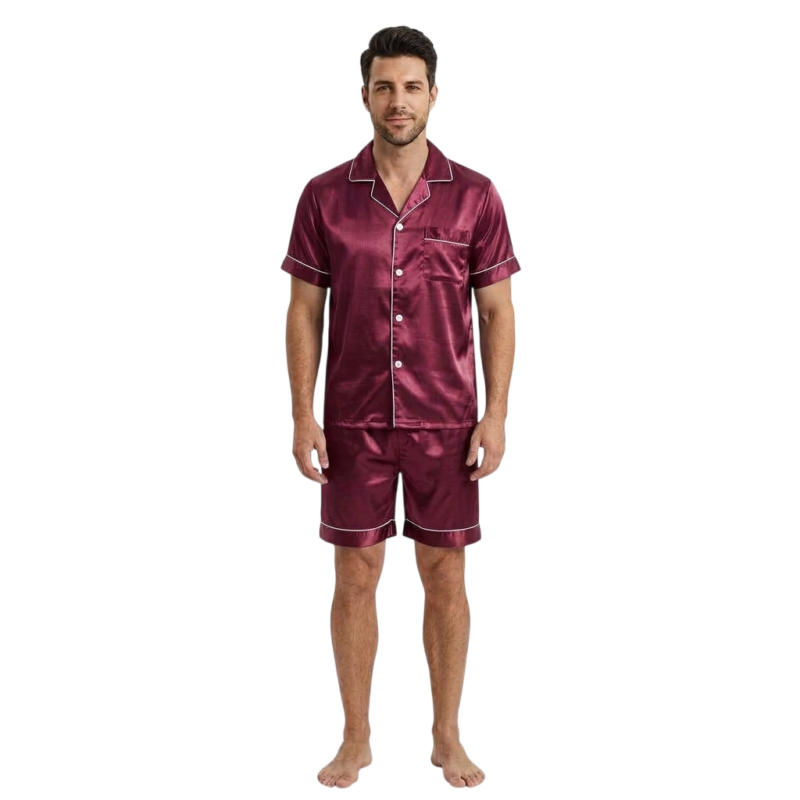 Pijama Para Hombre En Satín Camisa Manga Corta Y Pantaloneta