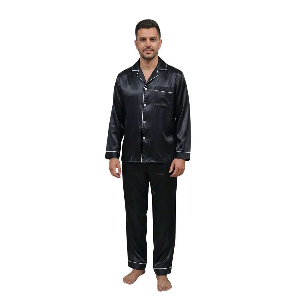 Pijama Para Hombre En Satín Camisa Manga Larga y Pantalón - Imagen 8